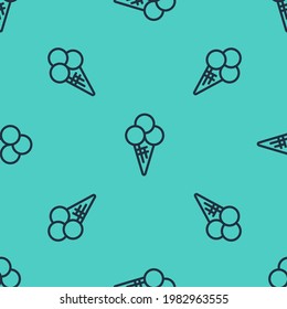 Black line Ice cream in waffle cone icon isolated seamless pattern on green background. Sweet symbol.  Vector