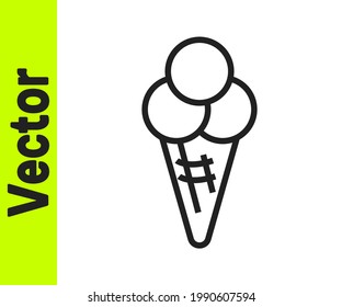 Black line Ice cream in waffle cone icon isolated on white background. Sweet symbol.  Vector