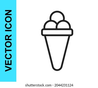 Black line Ice cream in waffle cone icon isolated on white background. Sweet symbol.  Vector