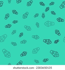 Black line Ice cream in waffle cone icon isolated seamless pattern on green background. Sweet symbol.  Vector