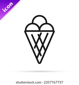 Black line Ice cream in waffle cone icon isolated on white background. Sweet symbol.  Vector