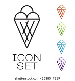 Black line Ice cream in waffle cone icon isolated on white background. Sweet symbol. Set icons colorful. Vector