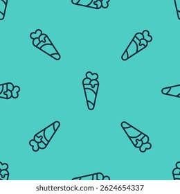 Linha preta Sorvete em waffle ícone cone isolado padrão sem costura no fundo verde. Doce símbolo.  Vetor