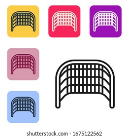 Black line Ice hockey goal with net for goalkeeper icon isolated on white background. Set icons in color square buttons. Vector Illustration