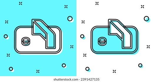 Black line Ice hockey goal with net for goalkeeper icon isolated on green and white background. Random dynamic shapes. Vector