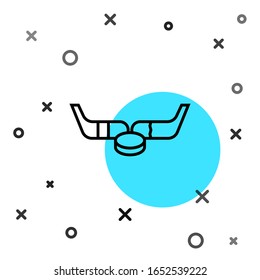 Black line Ice hockey sticks and puck icon isolated on white background. Game start. Random dynamic shapes. Vector Illustration
