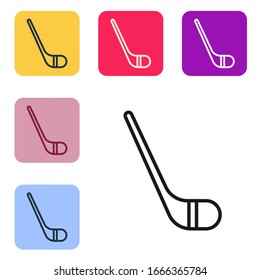 Black line Ice hockey sticks icon isolated on white background. Set icons in color square buttons. Vector Illustration