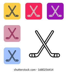 Black line Ice hockey sticks icon isolated on white background. Set icons in color square buttons. Vector Illustration