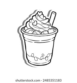 Black line Iced Coffee with Whipped Cream in Big size Plastic Glass on white silhouette and gray shadow. Hand drawn cartoon style. illustration for decorate and any design