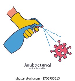 Black line icon antiseptic spray. Hands in gloves hold bottle with pump. Prevention controlling epidemic of coronavirus covid-2019. Worker disinfects. Vector design. Cleaner in hand. Runaway virus. 