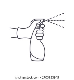 Black line icon antiseptic spray. Pictogram hands in gloves hold bottle. Antibacterial flask kills bacteria. Disinfectant concept. Vector glyph style. Coronavirus precaution. Contour design.