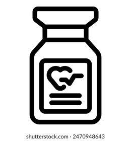 Black line icon of a bottle with a heart on the label, representing health or love potion concept
