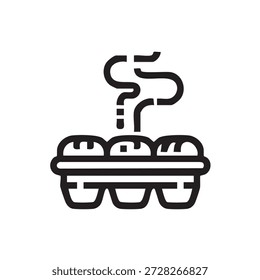 Black line icon of bread or bakery items with steam. Minimal outline symbol representing fresh bread, bakery food, breakfast, cooking, and food concepts. Isolated on white background.
