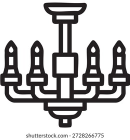 Schwarze Linie Symbol eines Kronleuchters Deckenleuchte. Minimales Umrisssymbol, das Innenarchitektur, Beleuchtung, Inneneinrichtung, Luxus und Dekorationskonzepte darstellt. Einzeln auf weißem Hintergrund.