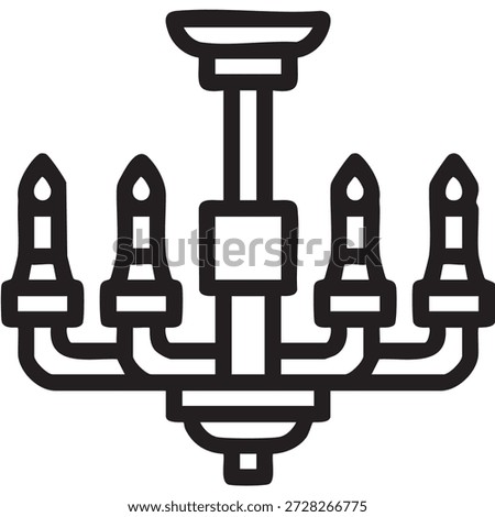 Black line icon of a chandelier ceiling light. Minimal outline symbol representing interior design, lighting, home decor, luxury, and decoration concepts. Isolated on white background.