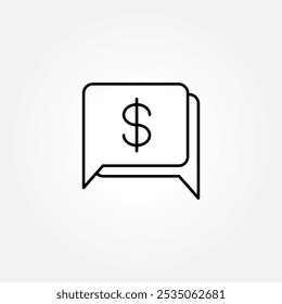 Icono de línea negra de una burbuja de chat con un símbolo de dólar, que representa la comunicación financiera o las discusiones relacionadas con el dinero. ícono de Vector de dólar de chat en un estilo diferente. ícono de Vector de contorno