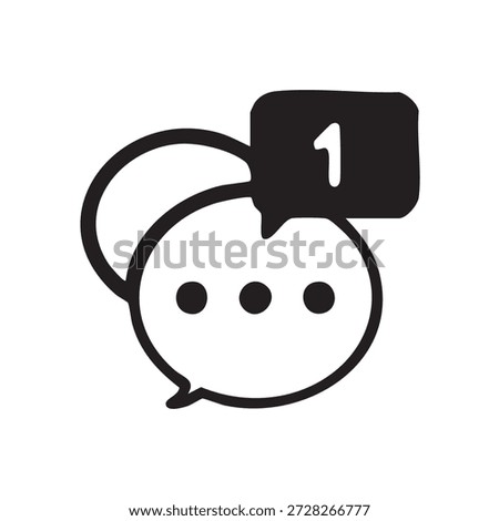Black line icon of a chat message with notification badge. Minimal outline symbol representing messaging, communication, notification alert, social media, and digital interaction. Isolated on white background.