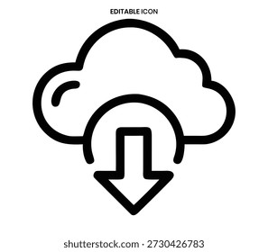 Black line icon of a cloud with a downward arrow indicating data download or transfer.