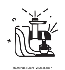 Icono de línea negra de una máquina de café que hace espresso en una taza. Símbolo de contorno mínimo que representa la preparación del café, el equipo del café, las herramientas del barista y los conceptos calientes de la bebida. Aislado sobre fondo blanco.