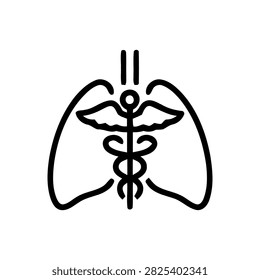 Black line icon depicting the caduceus symbol overlaid with lung shapes, set against a white background.
