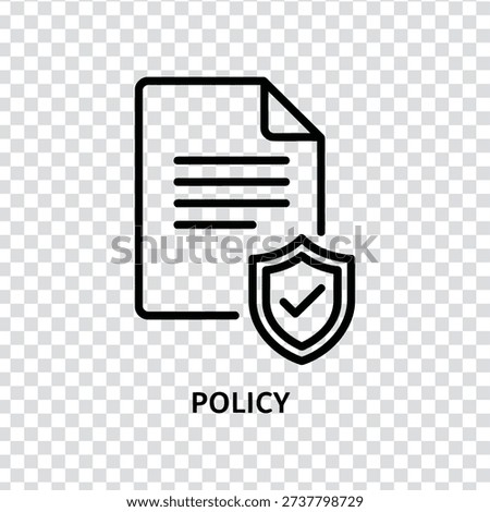 A black line icon depicting a document with a shield and checkmark, symbolizing security and policy on a transparent background with grey and white checkered pattern