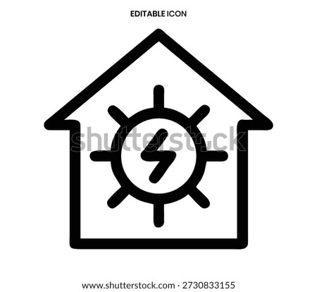 A black line icon depicting a house shape containing a lightning bolt within a circular sunburst.