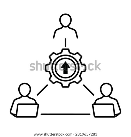 Black line icon depicting a network structure with three users connected to a central server gear featuring an upload arrow. Ideal for tech concepts.