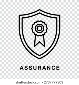 A black line icon depicting a shield with a rosette on a transparent background, symbolizing assurance and protection in a simple, modern style