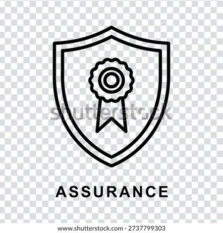A black line icon depicting a shield with a rosette on a transparent background, symbolizing assurance and protection in a simple, modern style