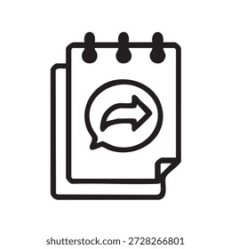 Icono de línea negra de un documento con un símbolo de flecha compartida. Ilustración de esquema mínimo que representa el uso compartido, el reenvío, la transferencia de documentos, la comunicación y el flujo de trabajo digital. Aislado sobre fondo blanco.