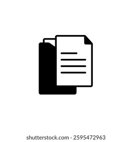 A black line icon of a document with text lines placed in front of a folder. Represents paperwork, records, or files.
