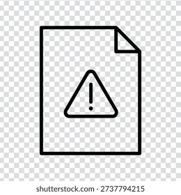 A black line icon of a document with a warning sign and exclamation mark on a transparent background, simple and modern style