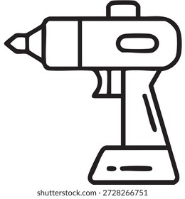 Schwarzes Liniensymbol eines elektrischen Bohrwerkzeugs im Umrissstil. Elektrowerkzeug-Symbol geeignet für Bau-, Reparatur-, Wartungs-, Heimwerker-, Hardware- und Industriekonzepte. Einzeln auf weißem Hintergrund.
