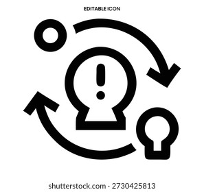 A black line icon of an exclamation mark within a shape, surrounded by looping arrows.
