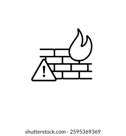 A black line icon of a firewall with a flame and a warning sign. Represents cybersecurity, protection, or network security.