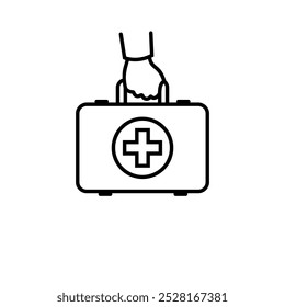 Black line icon First aid kit. Doctor holds in hands. Template for medical ambulance. Medical silhouette equipment. Vector illustration catoon design.