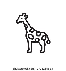Icono de línea negra de una jirafa de pie. Símbolo de contorno mínimo que representa la jirafa, la vida silvestre, los animales altos, el safari, la naturaleza y los conceptos de conservación de animales. Aislado sobre fondo blanco.