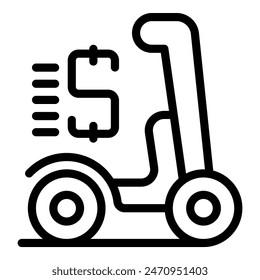 Black line icon of a hand truck with a dollar sign, representing logistics and economy