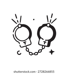 Icono de línea negra de esposas. Símbolo de esquema simple que representa el arresto, el crimen, la aplicación de la ley, la justicia, la acción policial y los conceptos de restricción legal. Aislado sobre fondo blanco.