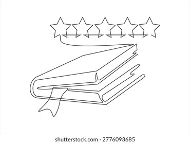 Black line icon of a highly rated book with star ratings. continuous line drawing. Vector illustration minimalist design.
