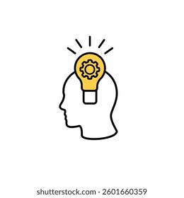 A black line icon of a human head with a yellow lightbulb and gear inside. Represents ideas, creativity, or innovation.