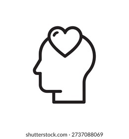 Black line icon of human head with heart on top love and mind concept