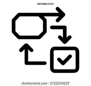 Um ícone de linha preta ilustra uma conclusão de processo com uma marca de seleção que significa conclusão bem-sucedida.