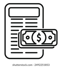 Black line icon illustrating a financial summary report with a dollar bill