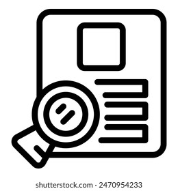 Black line icon illustration of a magnifying glass over a document, symbolizing search or review