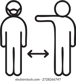 Black line icon illustration of two human figures showing physical distance measurement between people. Concept of social distancing, safe distance, personal space, and health safety guidelines. Isolated on white background.