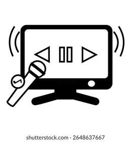 Ícone de linha preta de uma configuração de karaokê mostrando uma tela com controles de mídia, microfone e ondas de som, representando canto ou reprodução de música.