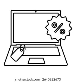 Black line icon of a laptop with a percentage discount badge and price tag, representing online sales or promotions, isolated on white background.
