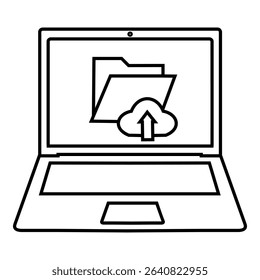 Black line icon of a laptop screen showing a folder and cloud upload symbol, representing file transfer or data backup, isolated on white background.