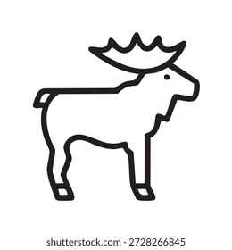 Black line icon of a moose standing. Minimal outline symbol representing moose, elk, wildlife, forest animal, nature, and animal conservation concepts. Isolated on white background.